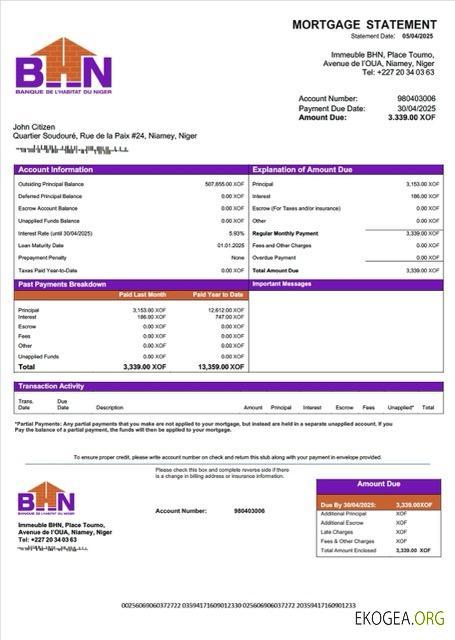 Modèle Word et PDF de relevé hypothécaire de la Banque de l'Habitat du Niger (BHN) du Niger